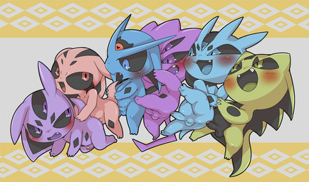 3_eyes 4_eyes anal anal_penetration antennae_(anatomy) anthro balls black_sclera blue_body blush erection fangs genitals green_body group group_sex hand_holding holding_tail horn humanoid_genitalia humanoid_penis looking_at_another lying male male/male markings multi_eye navel on_front orgy penetration penile penile_penetration penis penis_in_ass pink_body purple_body sex shota simple_background smile tail teeth train_position young young_anthro doneru third-party_edit c_(doneru) d_(doneru) g_(doneru) i_(doneru) l_(doneru) v_(doneru) alien censor_removal_edit hi_res