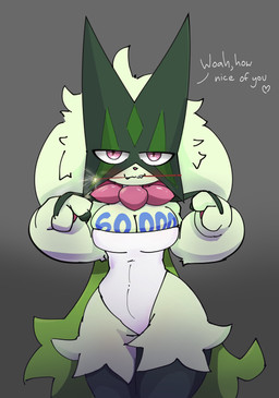 anthro big_breasts breast_squish breasts cleavage clothed clothing dialogue female female_anthro firecracker follower_celebration follower_number fur green_body green_fur grey_background leotard looking_at_viewer paws red_eyes simple_background smile solo squish text thick_thighs klydewitakay nintendo pokemon felid feline felis generation_9_pokemon mammal meowscarada pokemon_(species) 2026 absurd_res digital_media_(artwork) english_text hi_res