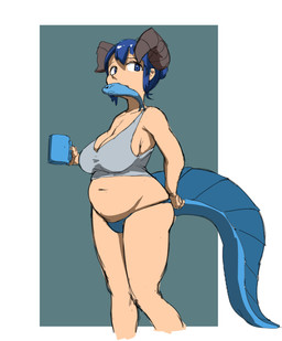 belly big_breasts big_butt blue_eyes blue_hair breasts butt cleavage clothed clothing container cup female hair horn mug navel overweight overweight_female overweight_humanoid solo standing tail thick_thighs sakanadaze mythology animal_humanoid aquatic dragon dragon_humanoid fish horned_humanoid humanoid mythological_creature mythological_scalie scalie absurd_res character_request hi_res