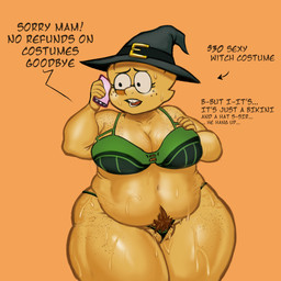 anthro big_breasts black_eyes bodily_fluids bra breasts brown_pubes buckteeth cleavage clothed clothing dialogue electronics eyelashes eyewear female freckles front_view genitals glasses green_bra green_clothing green_thong green_underwear grey_clothing grey_hat grey_headwear grey_topwear hand_on_chest hat headgear headwear holding_object holding_phone navel nervous nipple_outline orange_background overweight overweight_female phone pube_peek pubes pussy_floss round_glasses scales simple_background solo sweat sweatdrop teeth text thick_thighs thong topwear underwear vulva wide_hips witch_costume witch_hat yellow_body yellow_scales redmanart undertale_(series) alphys lizard reptile scalie 1:1 absurd_res english_text hi_res