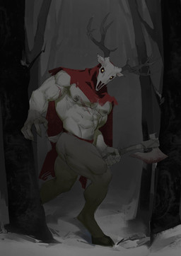 abs antlers axe bone claws detailed_background finger_claws forest glowing glowing_eyes holding_axe holding_object hooves horn looking_at_viewer male muscular muscular_male night nipple_piercing nipples outside pecs piercing plant scar skull skull_head snow solo tree vein veiny_muscles treblack14 deer humanoid mammal monster hi_res