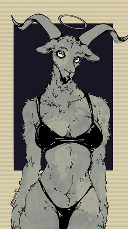 anthro bikini black_bikini black_clothing black_swimwear breasts clothed clothing female fur looking_at_viewer medium_breasts navel pose simple_background skinny solo standing swimwear text thick_thighs topwear two-piece_swimsuit smokedsoul35 bovid caprine goat mammal 9:16 digital_media_(artwork) hi_res