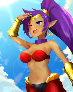 5_fingers bandeau blue_eyes bodily_fluids breasts brown_body brown_skin clothing cloud crown day ear_piercing ear_ring female fingers hair headgear humanoid_pointy_ears lens_flare light long_hair not_furry one_eye_closed open_mouth piercing pointy_ears ponytail purple_hair ring_piercing sky solo sun sunlight sweat tiara topwear tina_orz shantae_(series) wayforward shantae genie humanoid 2021 hi_res signature