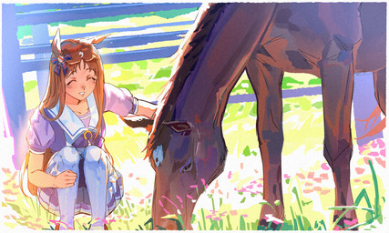ambiguous_gender asian_clothing bodily_fluids bottomwear brown_body brown_fur brown_hair clothing crouching dual_persona duo east_asian_clothing eating eating_grass eyes_closed female feral fur grass hair japanese_clothing japanese_school_uniform legwear long_hair outside plant pleated_skirt puffy_sleeves purple_clothing purple_shirt purple_topwear sailor_collar school_uniform shirt short_sleeves skirt smile smiling_at_another tears thigh_highs topwear uniform white_clothing white_legwear white_thigh_highs blixadon cygames uma_musume_pretty_derby grass_wonder_(pretty_derby) animal_humanoid equid equid_humanoid equine equine_humanoid horse horse_humanoid humanoid mammal mammal_humanoid 5:3 absurd_res digital_drawing_(artwork) digital_media_(artwork) hi_res