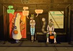 3d_background anthro brick_wall bus_stop color_coded_text cosplay dialogue disguise ghost_costume group holidays male male/male mummy_costume mummy_wrappings outside restraints speech_bubble straitjacket street trio wall_(structure) chokodonkey conditional_dnp halloween choko_(chokodonkey) avian bird equid equine mammal procyonid raccoon