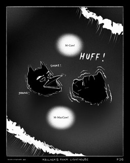 anthro beak black_background border death dialogue drowned duo facial_scar male open_mouth scar sea shaking simple_background sound_effects speech_bubble tremble_lines trembling vacant_eyes vacant_stare water wave sharkinthepark maccaw_(sharkinthepark) macleish_(sharkinthepark) avian bird canid canine canis domestic_dog mammal owl 2025 absurd_res comic greyscale hi_res monochrome