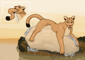 ambiguous_gender belly big_belly cannibalism digestion dipstick_tail duo fatal_vore feral fur grass markings multicolored_body multicolored_fur oral_vore outside pink_nose plant same_size_vore shrub solo_focus tail tail_markings tan_body tan_fur teeth vore yellow_eyes feral-puppy felid mammal pantherine 2025 shaded watermark