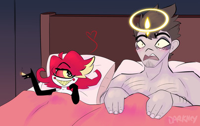 1_eye after_sex bed blush breasts brown_hair demon_on_angel duo female furniture hair halo interspecies lying male male/female nude on_back on_bed open_mouth open_smile red_hair simple_background smile smoking teeth tongue white_body yellow_eyes darkneyfactory hazbin_hotel hellaverse adam_(hazbin_hotel) niffty_(hazbin_hotel) angel angel_humanoid cyclops demon demon_humanoid humanoid hi_res