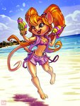 2020 3_toes 4_fingers alternate_hairstyle anthro beach bottomwear chip_'n_dale_rescue_rangers clothed clothing cloud disney feet female fingers gadget_hackwrench hair hi_res holding_object karol_pawlinski long_hair mammal mouse murid murine navel open_mouth open_smile orange_hair outside purple_eyes rodent seaside short shorts sky slim smile solo toes topwear toy toy_gun vest water water_gun