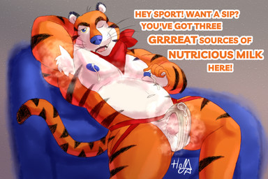 anthro armpit_fetish armpit_focus armpit_hair ascot blue_nipples blue_nose bodily_fluids body_hair clothing dialogue dirty_jockstrap furniture genital_fluids genitals hand_behind_head jockstrap lactating leaking_precum lying male male_lactation mascot musclegut muscular musk nipple_fetish nipple_play nipples one_eye_closed precum precum_through_clothing precum_through_jockstrap precum_through_underwear sofa solo sweat sweaty_genitalia text underwear wet wet_clothing wink dropsofmoonlight frosted_flakes kellogg's tony_the_tiger felid mammal pantherine tiger 3:2 english_text hi_res