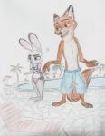 anthro bikini bottomwear claws clothing crossed_arms dipstick_ears duo ear_markings female frown green_eyes inner_ear_fluff multicolored_ears navel purple_eyes scan shorts size_difference standing swimming_pool swimwear toe_claws tuft two-piece_swimsuit i_ship_it_real_hard disney zootopia judy_hopps nick_wilde canid canine fox lagomorph leporid mammal rabbit red_fox true_fox colored hi_res traditional_media_(artwork)