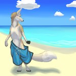 beach claws clothed clothing cloud day feral fur fur_growth growth male mid_transformation oversized_clothing pants_falling_down partially_clothed pawpads sand sea seaside shrinking size_transformation solo swimming_trunks swimwear tan_body tan_fur topless transformation water whiskers white_body white_fur fazar canid canine fox human mammal 1:1