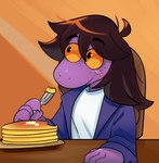 4_fingers anthro black_hair clothing eating eyebrow_through_hair eyebrows eyelashes female fingers food food_on_face freckled_face freckles furniture hair holding_fork jacket long_hair pancake shirt sitting smile solo table topwear translucent translucent_hair white_clothing white_shirt white_topwear yellow_eyes psibunny deltarune undertale_(series) susie_(deltarune) dinosaur prehistoric_species reptile scalie 2025 hi_res