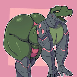 5_fingers anthro bent_over big_butt bulge butt clothed clothing cybernetics eyelashes femboy fingers front_view genitals geometric_background green_body green_face green_skin huge_butt machine male male_anthro muscular_femboy open_mouth penis pink_background simple_background solo teeth three-quarter_view topless topless_anthro topless_male yellow_eyes conditional_dnp welwraith scraper_city ryker_(ncs) cyborg scalie 2024 digital_drawing_(artwork) digital_media_(artwork) portrait three-quarter_portrait
