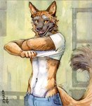 2024 akatan_art anthro biped blue_bottomwear blue_clothing bottomwear brown_tail canid canine canis cheek_tuft clothing dated dipstick_tail domestic_dog facial_tuft fangs fur german_shepherd herding_dog hi_res inner_ear_fluff inside looking_at_viewer male male_anthro mammal markings navel open_mouth open_smile orange_body orange_eyes orange_fur orange_inner_ear_fluff orange_tail pastoral_dog pink_tongue sharp_teeth shirt signature smile solo standing t-shirt tail tail_markings teeth tongue topwear traditional_media_(artwork) tuft undressing white_body white_clothing white_fur white_shirt white_t-shirt white_topwear yellow_sclera