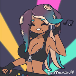 5_fingers bouncing_breasts breasts cleavage clothed clothing disc_jockey female fingerless_gloves fingers gloves handwear jiggling lights musical_note musical_symbol pseudo_hair smile solo symbol tentacle_hair tentacles topwear scruffmuhgruff nintendo splatoon marina_(splatoon) animal_humanoid aquatic aquatic_humanoid cephalopod cephalopod_humanoid humanoid mollusk mollusk_humanoid octarian octoling 1:1 2021 2d_animation animated frame_by_frame loop
