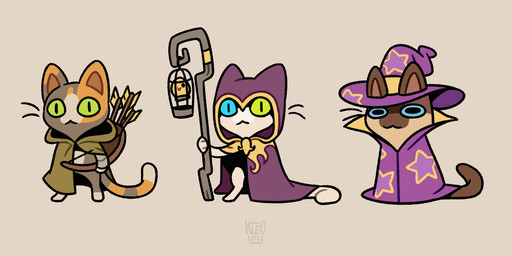 anthro arrow_(weapon) bow_(weapon) brown_body brown_ears cloak clothed clothing group hat headgear headwear looking_at_viewer orange_body orange_ears orange_tail purple_clothing ranged_weapon standing tail trio weapon wizard_hat wizard_robe kleoite domestic_cat felid feline felis mammal siamese 2:1 animated hi_res loop