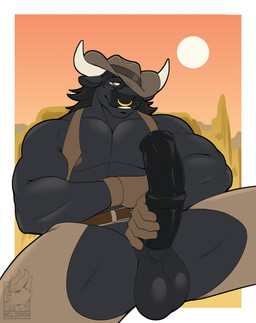 animal_genitalia animal_penis anthro aroused aroused_face aroused_male aroused_smile balls balls_focus barazoku bedroom_eyes belt biceps big_balls big_muscles big_pecs big_penis black_body black_hair black_mane black_penis black_skin border brown_belt brown_chaps brown_clothing brown_gloves brown_handwear brown_hat brown_headwear brown_topwear brown_vest chaps clothed clothing cowboy cowboy_hat cowboy_outfit crossed_arms desert equine_genitalia erection facial_piercing flirting flirting_look flirting_with_viewer fondling_penis genital_focus genitals gloves grabbing_own_penis grin grinning_at_viewer grope hair hand_on_penis handwear hat headgear headwear holding_erection holding_own_penis holding_penis horn inviting inviting_to_sex inviting_viewer light looking_at_viewer male mane manly masturbation muscular muscular_anthro muscular_arms muscular_male muscular_thighs narrowed_eyes nature nature_background nipples nose_piercing nose_ring offering_sex offering_to_viewer open_clothing open_topwear open_vest orange_eyes outside pecs penile penile_masturbation penis penis_focus penis_grab piercing presenting presenting_balls presenting_body presenting_penis relaxation relaxed_expression relaxing ring_piercing rubbing_penis sand seducing_viewer seductive self_grope showing_off_muscles smile smiling_at_viewer solo spread_legs spreading stroking_penis sun sunlight thick_arms thick_thighs topwear vest white_border wild_west nelldemon bovid bovine cattle mammal absurd_res hi_res