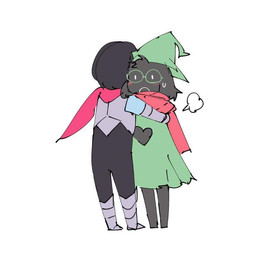 ambiguous_gender ambiguous_human anthro armor black_body black_fur black_hair blue_body blue_skin blush bodily_fluids clothing duo eyewear fur glasses hair hat headgear headwear hug scarf surprised sweat theterm deltarune undertale_(series) kris_dreemurr ralsei bovid caprine darkner goat human mammal digital_media_(artwork) unavailable_at_source