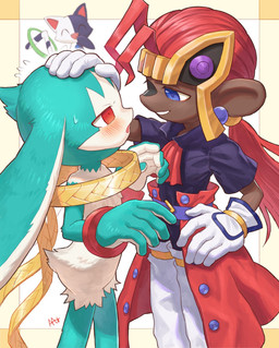 anthro blush female fur green_body green_fur group headpat kemono looking_at_another male open_mouth red_eyes young young_anthro young_male amber_graygamma bandai_namco klonoa_(series) king_of_sorrow leorina tat_(klonoa) 2023 hi_res japanese_description portrait three-quarter_portrait