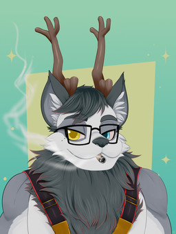 anthro antlers bloodshot_eyes blue_eyes cheek_tuft chest_tuft drugs eyebrows eyewear facial_tuft fur glasses grey_body grey_fur harness heterochromia horn inner_ear_fluff male marijuana marijuana_blunt markings mole_(marking) multicolored_body multicolored_fur pink_sclera rectangular_glasses simple_background smoking smoking_marijuana solo stoned substance_intoxication tan_antlers thick_eyebrows tuft white_body white_fur yellow_eyes mentalcrash vonyk_(dzvonyk) canid canine canis domestic_dog husky mammal nordic_sled_dog spitz 3:4 bust_portrait hi_res portrait