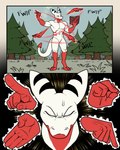 anthro bodily_fluids book close-up eyes_closed featureless_chest featureless_crotch focused forest forest_background grass male nature nature_background onomatopoeia plant solo sound_effects standing sweat sweatdrop text tree 60percentscalie dovak demon humanoid comic hi_res