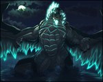 anthro black_border border claws glowing glowing_eyes glowing_spikes light male moon moonlight night scales sea solo spikes teeth water wings artonis kayrhon kaiju scalie 5:4 absurd_res digital_media_(artwork) hi_res