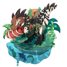 3_fingers 3_toes ambiguous_gender biped bone bubble carcass chibi claws eyebrows feet feral fingers food food_in_mouth grass green_eyes holding_food holding_object leaf markings meat moss multicolored_body nature nature_background outside plant raised_tail ribs rock scales scuted_arms scuted_legs scutes seaweed simple_background solo spikes spikes_(anatomy) striped_body striped_markings stripes tail teeth toes water white_background maple_cat creatures_of_sonaria roblox aquatic coelacanth dinosaur fish kendyll lobe-finned_fish prehistoric_species reptile scalie 1:1 hi_res shaded
