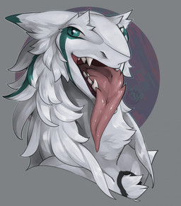 abstract_background ears_back fur long_tongue looking_at_viewer male open_mouth open_smile pivoted_ears smile solo teeth tongue tongue_out white_body white_fur conditional_dnp jingo824 ral_(ex-exist) sergal hi_res