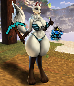anthro big_breasts big_butt black_tail_tip blue_clothing breasts butt chest_tuft clothed clothing curvy_figure dipstick_tail female fingers fur gesture hand_gesture makeup markings multicolored_body multicolored_fur narrowed_eyes navel partially_clothed pickaxe raised_arm screencap screencap_background smile solo tail tail_markings thick_thighs thumbs_up tuft two_tone_body two_tone_fur white_body white_fur wide_hips yellow_eyes carcl3_owe microsoft minecraft mojang xbox_game_studios canid canine fox mammal 2022 digital_media_(artwork) hi_res shaded