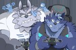 anthro blue_body blue_fur bodily_fluids controller duo fur game_controller gaming gaming_chair grey_body grey_fur male muscular muscular_anthro muscular_male playing_video_game sweat tusks hikazedragon lifewonders tokyo_afterschool_summoners tindalos_(tas) tsathoggua_(tas) canid canine canis goo_creature mammal wolf hi_res