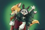 anthro cape clothed clothing costume duo fangs female gesture green_background happy looking_at_viewer male open_mouth simple_background smile teeth uniform waving kurokuma824 disney zootopia judy_hopps nick_wilde canid canine fox lagomorph leporid mammal rabbit red_fox true_fox vampire 2016 hi_res