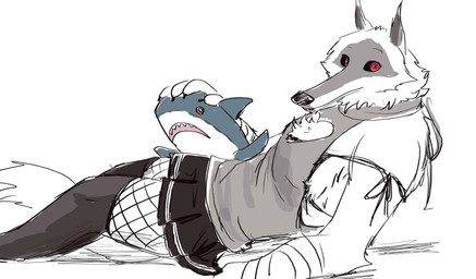 anthro black_clothing black_legwear black_thigh_highs bottomwear claws clothed clothing crossdressing facial_markings femboy fishnet_clothing fishnet_legwear fluffy halter_top head_markings legwear looking_at_viewer lying male markings mask_(marking) plushie pointy_ears prick_ears red_eyes skirt solo thigh_highs ultimatellurker dreamworks ikea puss_in_boots_(franchise) blahaj death_(puss_in_boots) canid canine canis mammal wolf hi_res