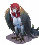 avian big_breasts blue_body blue_skin breasts european_mythology feather_hair feathers female greek_mythology hair harpy humanoid kurohiko mythological_avian mythological_creature mythology nipples pseudo_hair red_body red_feathers red_hair simple_background solo white_background yellow_eyes