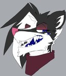 anthro blue_flesh clothing eyeshadow makeup male multi_eye sharp_teeth smile solo sweater teeth topwear trypophobia turtleneck topazknight jeremy_(topazknight) mammal mephitid skunk absurd_res flat_colors headshot_portrait hi_res portrait