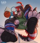 anthro athletic_wear ball basketball_(ball) basketball_hoop big_penis bodily_fluids bottomwear bulge clothed clothing dunking erection footwear foreskin genital_fluids genitals gym_bottomwear gym_shorts humanoid_genitalia humanoid_penis low-angle_view male muscular muscular_anthro muscular_male outside penis penis_poking_out penis_through_leghole precum shirt shoes shorts sneakers socks solo tail tank_top toeless_footwear topwear worm's-eye_view razzper mythology dragon mythological_creature mythological_scalie scalie hi_res