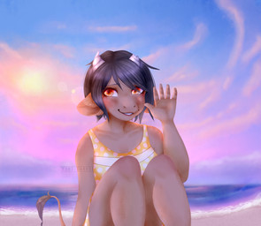 5_fingers anthro beach biped blush broken_horn brown_body brown_fur clothed clothing detailed_background dress ear_tuft female fingers fur grey_hair grey_horn hair horn open_mouth orange_eyes outside sand sea seaside sitting sky smile solo sun teeth tuft water kuri_darkie manitka_storm bovid bovine cattle mammal digital_media_(artwork) nonbinary_(lore)