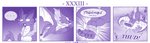 4koma ambiguous_gender anthro ass_up base_one_layout braver_(vavacung) butt clothing comic dialogue disaster_dragon dragon duo ellipsis english_text feral four_frame_image hi_res kobold mask melee_weapon monochrome mythological_creature mythological_scalie mythology one_row_layout purple_theme scalie speech_bubble tail text vavacung weapon wings