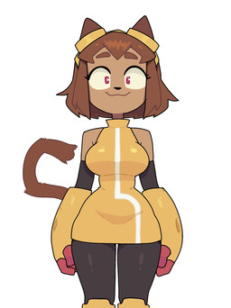anthro armwear breasts brown_body brown_ears brown_eyebrows brown_fur brown_hair brown_tail clothed clothed_anthro clothed_female clothing eyebrows eyelashes eyelashes_through_hair eyewear eyewear_on_head female female_anthro fingers front_view fur goggles goggles_on_head hair looking_at_viewer mouth_closed short_hair simple_background small_waist smile solo standing tail translucent translucent_hair white_background yellow_armwear yellow_clothing healerart gameoverse glitch_productions kit_bodega domestic_cat felid feline felis mammal 2026 digital_drawing_(artwork) digital_media_(artwork) hi_res portrait three-quarter_portrait