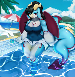 anthro beach bedroom_eyes big_hands big_tail blind blue_body clothing curved_horn disability female glistening glistening_body hair half-closed_eyes horn narrowed_eyes one-piece_swimsuit ponytail poolside seductive solo swimming_pool swimwear tail water wet white_body wide_hips wings romancruzzz mythology raz_(meireynashark) aquatic cetacean dolphin dragon hybrid mammal mythological_creature mythological_scalie oceanic_dolphin scalie toothed_whale absurd_res hi_res