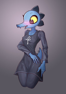 anthro black_clothing blue_body blush breasts clothed clothed_anthro clothed_female clothing female fingers grey_background humanoid_hands medium_breasts nipple_outline nipples non-mammal_breasts non-mammal_nipples open_mouth red_eyes simple_background solo spiked_tail spikes spikes_(anatomy) standing tail text yellow_sclera alexsavenije night_in_the_woods bea_santello crocodile crocodilian reptile scalie absurd_res artist_name colored hi_res portrait shaded three-quarter_portrait