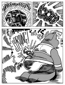 anthro curled_tail ear_piercing male onomatopoeia overweight overweight_male piercing science_fiction solo sound_effects tail tail_transformation text transformation weight_gain billy_fore spire_(malyrn) mammal suid suine sus_(pig) black_and_white comic hi_res monochrome