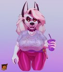 anthro beverage big_breasts breasts clothing curvy_figure female huge_breasts looking_at_viewer red_eyes sagging_breasts soda solo tight_clothing topwear voluptuous wide_hips grishnax helluva_boss mythology loona_(helluva_boss) canid canid_demon canine cannie demon hellhound mammal mythological_canine mythological_creature absurd_res hi_res