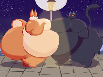 anthro belly belly_overhang big_belly big_breasts big_butt big_moobs black_body black_ears black_eyes black_nose black_sky black_tail breasts butt duo female green_eyes grey_inner_ear huge_belly huge_breasts huge_butt huge_moobs hyper hyper_belly hyper_breasts hyper_butt hyper_moobs male moobs moon morbidly_obese morbidly_obese_anthro morbidly_obese_female morbidly_obese_male multicolored_body night obese obese_anthro obese_female obese_male orange_body orange_ears orange_tail outside overweight overweight_anthro overweight_female overweight_male red_sclera sky star starry_sky street_lamp tail tan_body tan_inner_ear tan_tail two_tone_body two_tone_tail adansin canid canine canis domestic_cat domestic_dog felid feline felis mammal 2024 4:3 cel_shading colored digital_media_(artwork) hi_res shaded