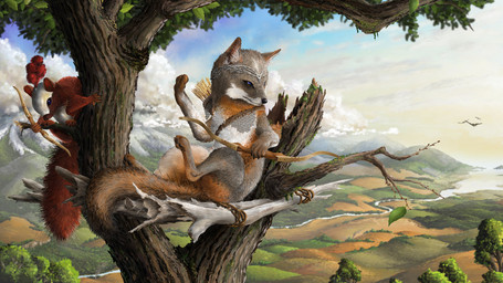 armor arrow_(weapon) blue_eyes bow_(weapon) brown_body brown_fur day detailed_background duo fur grey_body grey_fur in_tree outside paws plant quiver_(object) ranged_weapon red_body red_fur sky tree weapon the-urocyon canid canine fox grey_fox mammal rodent sciurid tree_squirrel urocyon 16:9 2015 digital_media_(artwork) hi_res source_request unavailable_at_source widescreen