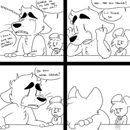anthro bell bodily_fluids crying dialogue drunk duo ellipsis fur fur_tuft humor male male/male plushie question_mark substance_intoxication tears teddy_bear teeth text tuft whiskers worried coffinpaws eugene_(raichupuppy) pooky_(raichupuppy) bear canid canine fox mammal 1:1 black_and_white english_text monochrome watermark