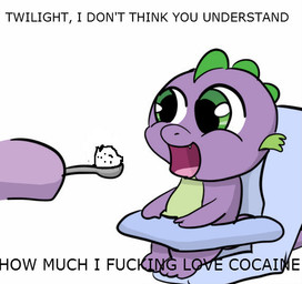 baby cocaine dragon drugs english_text equine female friendship_is_magic green_eyes horse male my_little_pony pony purple_body scalie spike_(mlp) spoon text twilight_sparkle_(mlp) unknown_artist young
Rating: Questionable
Score: 4
User: Spiké
Date: November 24, 2011