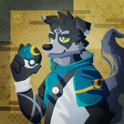 anthro black_body black_fur clothing floppy_ears folded_ears fur green_eyes holding_object holding_pokeball hoodie long_tail male multicolored_body multicolored_fur multicolored_hoodie pokeball smile smirk solo tail teal_clothing teal_hoodie teal_topwear topwear two_tone_body two_tone_fur white_body white_clothing white_fur white_hoodie white_topwear white_wristband wristband liu_moon_eater nintendo pokemon liu_moon_eater_(character) canid canine canis domestic_dog mammal 1:1 2023 dated hi_res signature