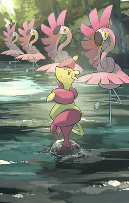 ambiguous_gender anthro beak feathered_wings feathers feral group looking_back multicolored_body on_one_leg paws pink_body pink_feathers plant red_eyes rock smile standing tail tree two_tone_body water wings yellow_sclera hakkentai_pkdn nintendo pokemon avian bird flamigo generation_5_pokemon generation_9_pokemon mienfoo pokemon_(species) 2026 hi_res