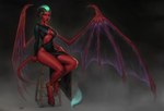 anklet breasts cleavage clothed clothing curled_horn dress female furniture green_hair hair hooves horn jewelry looking_at_viewer membrane_(anatomy) membranous_wings nipple_outline red_body red_eyes sitting solo stool tail wings dacsy demon humanoid tailed_humanoid absurd_res hi_res